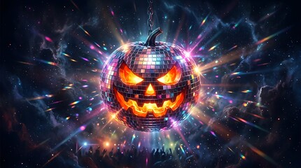 A glowing jack o lantern disco ball with vibrant colorful lights and dynamic party energy