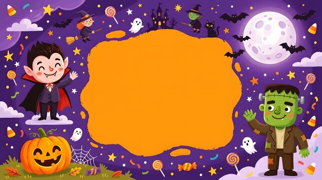 Cute halloween background with a vampire and frankenstein monster and a central orange copy space