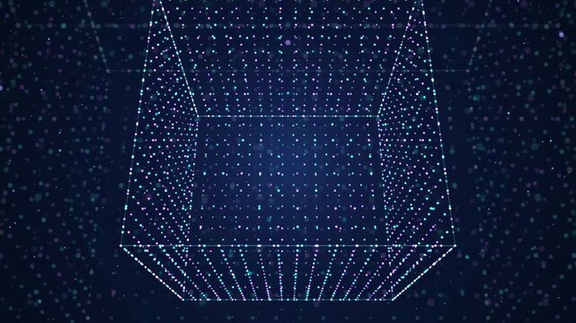 Abstract rotating 3D cube made of glowing digital particles on a dark blue background