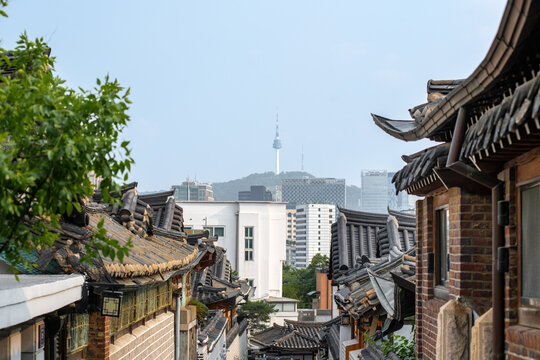 View of N Seoul Tower Framed by Bukchon Hanok Village Roofs