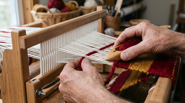 Artisan hands weaving on rigid heddle loom | Close up of traditional hand weaving process | Working with red and yellow wool yarn on wooden loom | Handcrafted textile art in home workshop