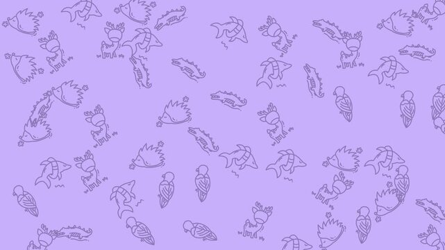 Cute forest animal characters form a playful lavender pattern featuring hedgehogs and birds for nursery art.