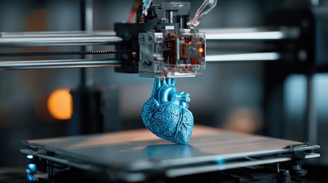 Medium shot of a 3D printer crafting a detailed cardiac model derived from imaging data with the workbench tools softly blurred in the background.