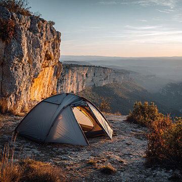 Camping tent set up on rocky cliff edge overlooking vast mountain landscape during sunset with warm light illuminating surrounding nature