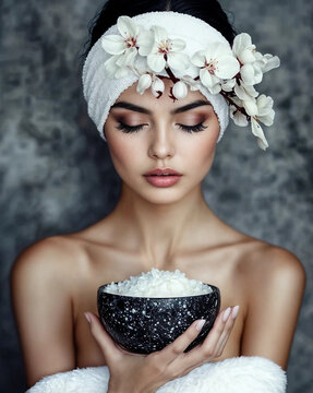 Woman holding bowl with cosmetic sea salt. Spa treatment for facial skin care. Female relax in beauty salon with white flower in headband. Natural organic cosmetic and skin wellness.