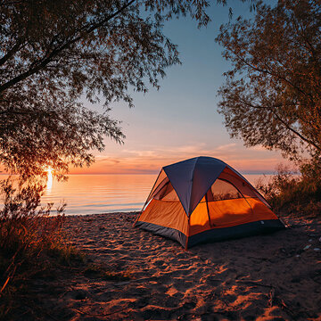 Tent set up on sandy beach at sunset, surrounded by trees and calm water reflecting warm colors of the sky in a serene outdoor setting