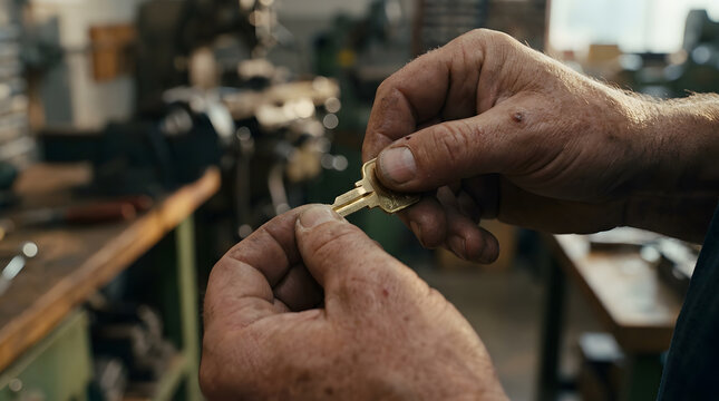 Professional locksmith hands holding brass key blank | Close-up of manual worker crafting spare keys | Skilled locksmith manipulating metal key in workshop | Hands of an artisan making duplicate door 