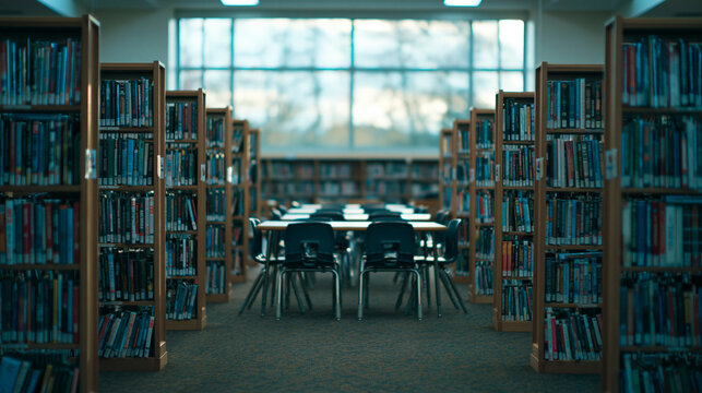 Empty Library Interior with Bookshelves and Study Tables
