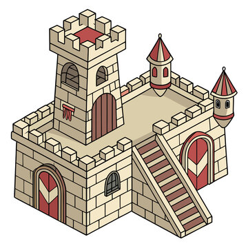 Isometric fantasy castle with red accents and turrets fortress isometric medieval building