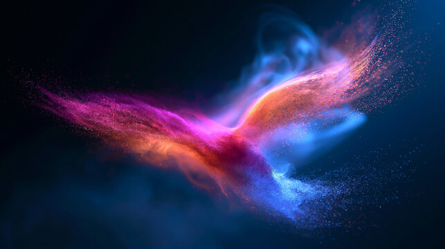 Abstract Phoenix Bird Silhouette Made of Colorful Powder Explosion