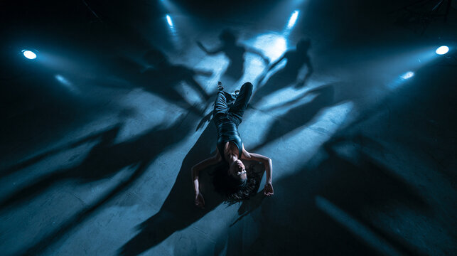 Contemporary Dancer Lying on Stage Floor with Dramatic Shadows