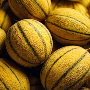 Close-up view of fresh yellow melons with textured skin and dark stripes, arranged in a pile, showcasing their vibrant color and natural patterns