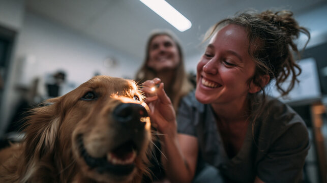 Female Veterinarian Examining Eye of Golden Retriever Dog in Clinic