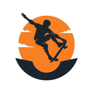 Silhouette of a skateboarder jumping over a halfpipe ramp during sunset at a skatepark