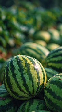 Freshly harvested watermelons with green striped skin piled in a field surrounded by lush green foliage under natural sunlight