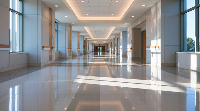 Empty Modern Hospital Hallway with Bright Polished Floor
