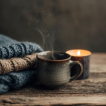 Ceramic mug with steam beside a lit candle and a cozy knitted sweater on a rustic wooden table, creating a warm and inviting atmosphere for relaxation