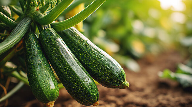 Fresh green zucchinis growing on a plant in a garden, with soil and blurred foliage in the background, showcasing healthy vegetable cultivation