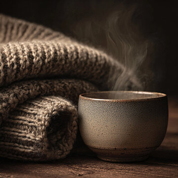 Warm ceramic cup with steam beside a cozy knitted sweater on a wooden surface, creating a comforting atmosphere for relaxation and enjoyment of hot beverages