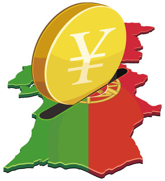 3D isometric map of Portugal with a coin slot receiving a gold yen yuan coin representing foreign investment, Asian economic trade, banking, and financial growth (cut out)