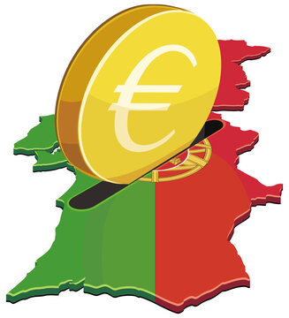 3D isometric map of Portugal with a coin slot receiving a gold euro coin representing European investment, national budget, banking, savings, and financial growth (cut out)