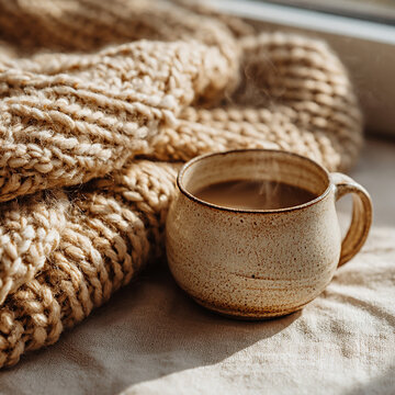 Warm cup of coffee placed on a soft beige fabric next to a cozy knitted sweater, with steam rising from the beverage in a sunlit indoor setting