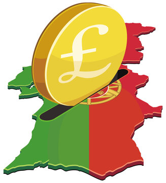 3D isometric map of Portugal with a coin slot receiving a gold pound coin representing British investment, UK trade, banking, savings, and financial growth (cut out)