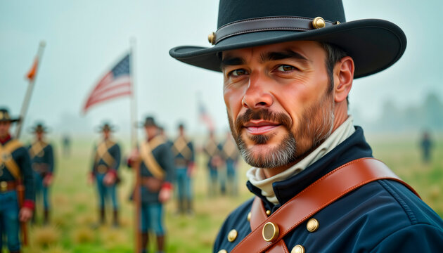 Determined soldier reenactor in foggy battlefield, historical remembrance