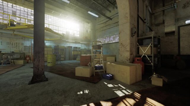 Sunlit warehouse floor with stacked boxes, pallets aligned near concrete columns, skylights casting dramatic shadows, dispatch staging area, warm golden light,