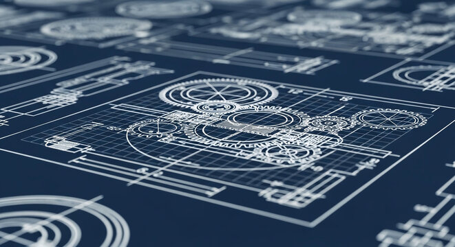 Detailed blueprint of mechanical gears and cogs on a grid background with technical drawings