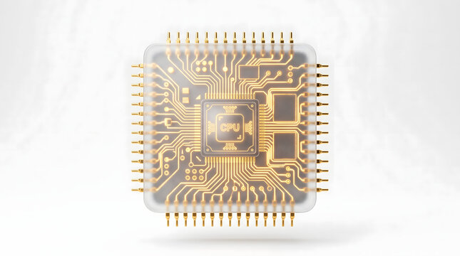 Gold microcontroller chip set. Digital processor symbol isolated on white. Circuit board technology icons for modern electronics and hardware concepts