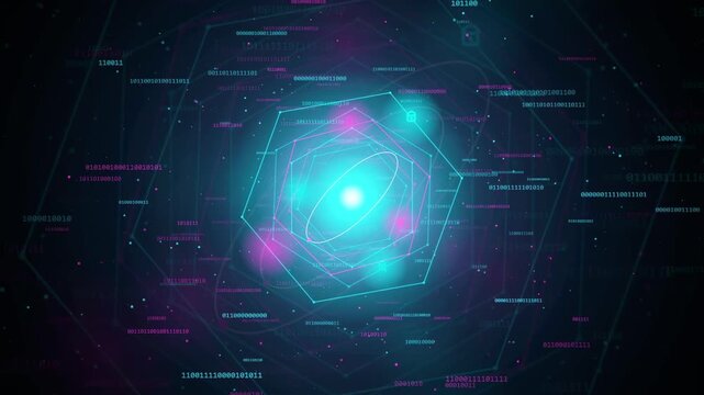 Abstract digital data visualization with glowing blue geometric shapes and flowing binary code background