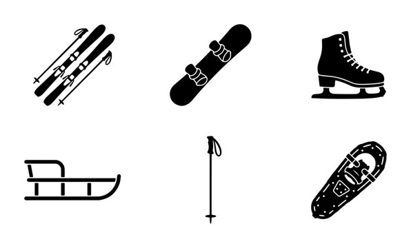 Winter Sports Icons Set: Skis, Snowboard, Ice Skate, Sled, Poles, Snowshoe Vector Graphics
