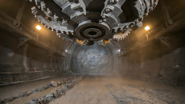 Tunnel Boring Machine Inside Construction Tunnel with Dusty Atmosphere