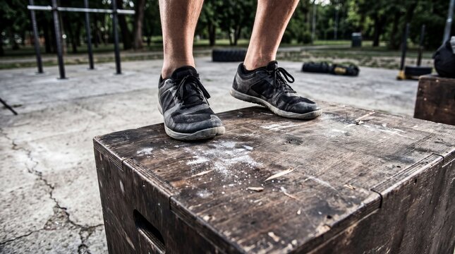 Athlete Standing on Wooden Plyo Box During Outdoor Workout Session
