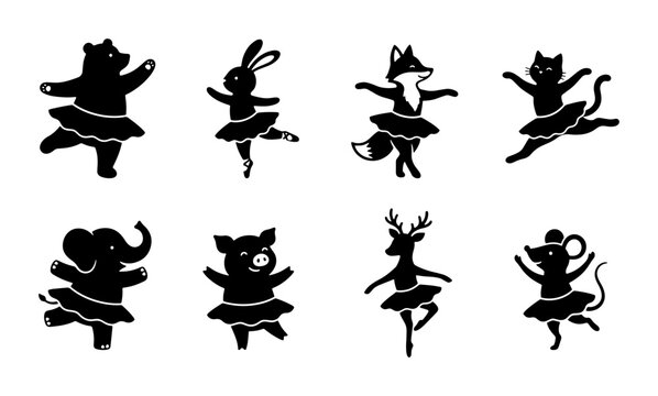 Cute Dancing Animals Vector Set: Ballet Bears, Foxes, Cats, Pigs, Deer, Elephants, Rabbits, Mice