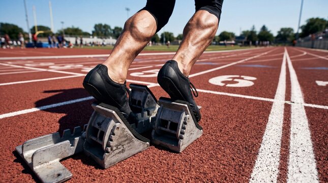 Sprinter Legs in Starting Blocks Ready for Track Race Start