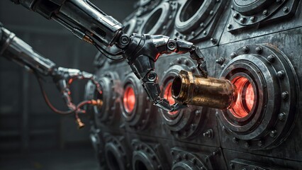 Fototapeta premium Futuristic Robot Arm Interacting with High-Tech Industrial Machinery