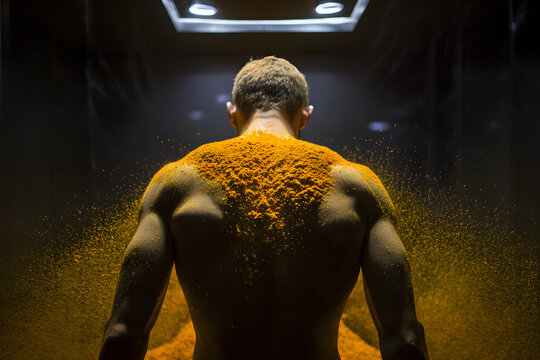 Male back covered in orange powder dust with dramatic overhead light highlighting muscular shoulder and spine, energetic motion and contrast in dark studio