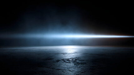 Fototapeta premium Low angle cinematic light beam through haze over reflective concrete floor, moody blue gradient horizon with subtle fog and dramatic spotlight