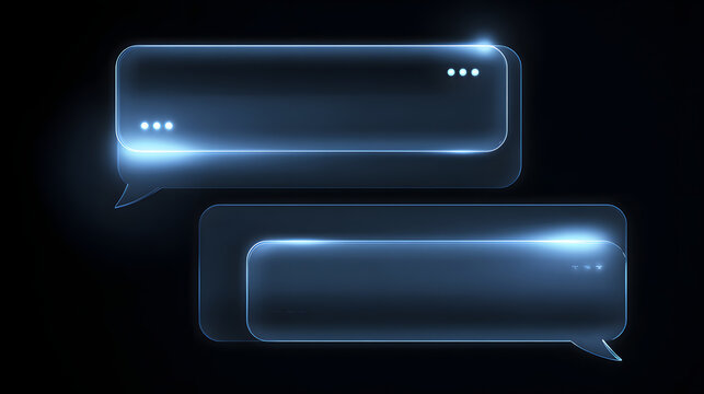 Glowing translucent chat message bubbles on dark background with neon blue light and empty space for text creating futuristic communication mood