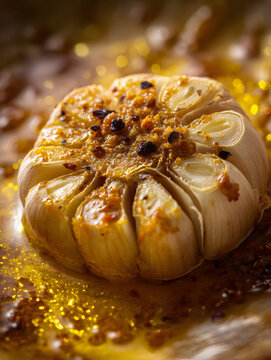 Roasted garlic head with turmeric dressing, golden oil and spices, warm aromatic closeup capturing textured cloves and glistening seasoning