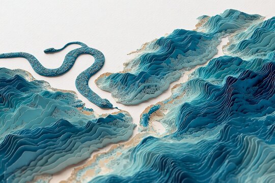 Topographic Paper Cut Map Featuring Winding Blue Snake and Layered Mountain Terrain Design