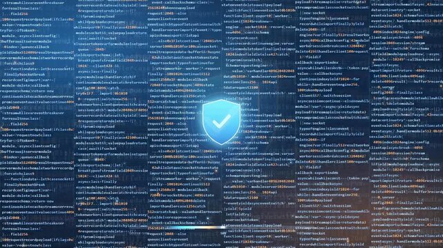 Digital security shield icon glowing over scrolling computer code for cybersecurity and data protection concept
