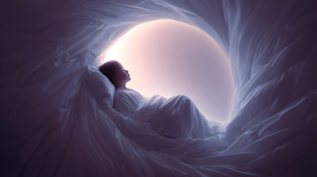 Peaceful sleep soft glowing cocoon light around newborn swaddled in white fabric with serene profile in circular nest of cloth