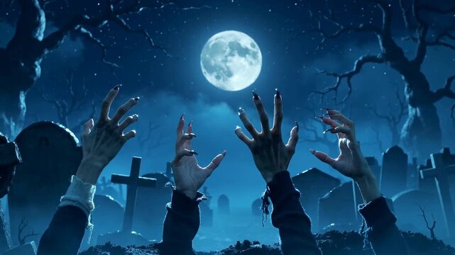 Ghouls rise from graves under a bright moon at a haunted cemetery in the night sky