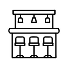 Fototapeta premium Modern bar setup with three pendant lights and chairs - Clean vector illustration of a bar counter with three pendant lights hanging above and three bar stools underneath.