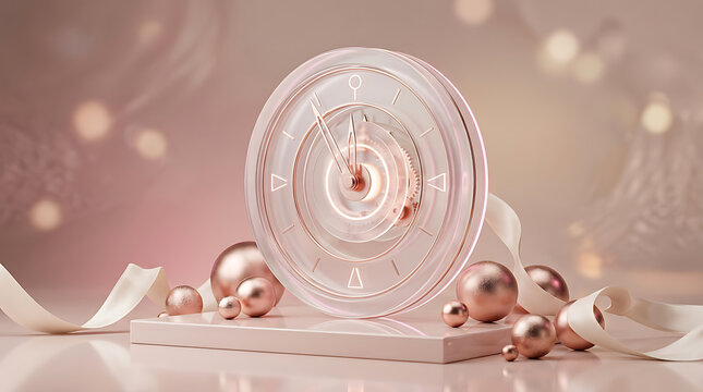 Luxury clock with rose gold ornaments on pink background