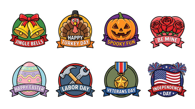 Set of colorful holiday celebration stickers and emblems isolated on a transparent background for various seasonal graphic design projects