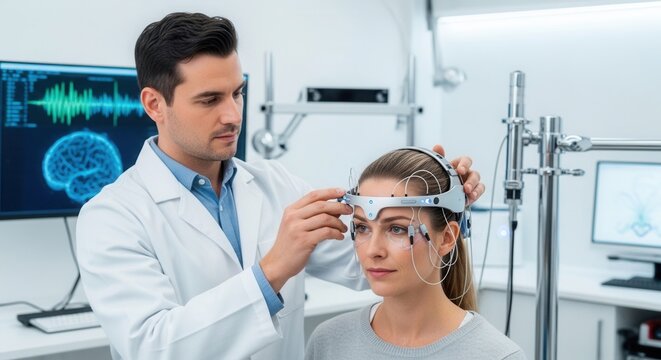 Doctor places EEG headset on patient's head for brainwave monitoring in a modern laboratory setting, with brain scan displayed on monitor